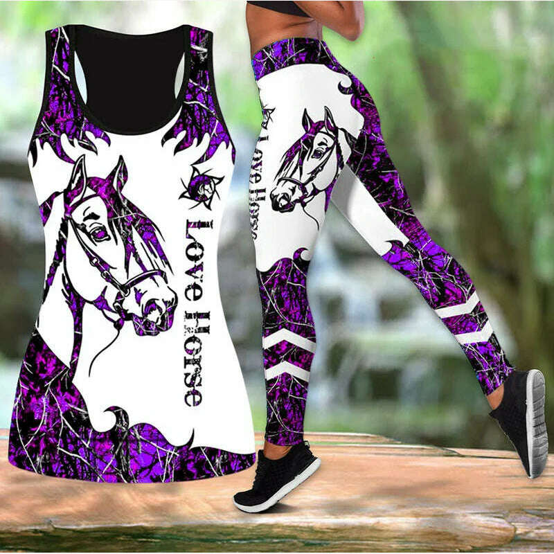 KIMLUD, Summer Ladies Love Horse Print Yoga Sports Pants Sweatpants Leggings Cut Out Back Tank Tops Combo Suit XS-8XL, Purple / XS, KIMLUD Womens Clothes