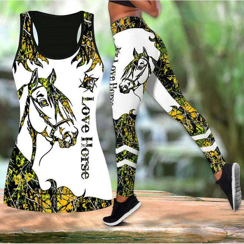 KIMLUD, Summer Ladies Love Horse Print Yoga Sports Pants Sweatpants Leggings Cut Out Back Tank Tops Combo Suit XS-8XL, Yellow / XS, KIMLUD Womens Clothes