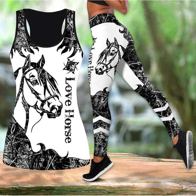 KIMLUD, Summer Ladies Love Horse Print Yoga Sports Pants Sweatpants Leggings Cut Out Back Tank Tops Combo Suit XS-8XL, KIMLUD Womens Clothes