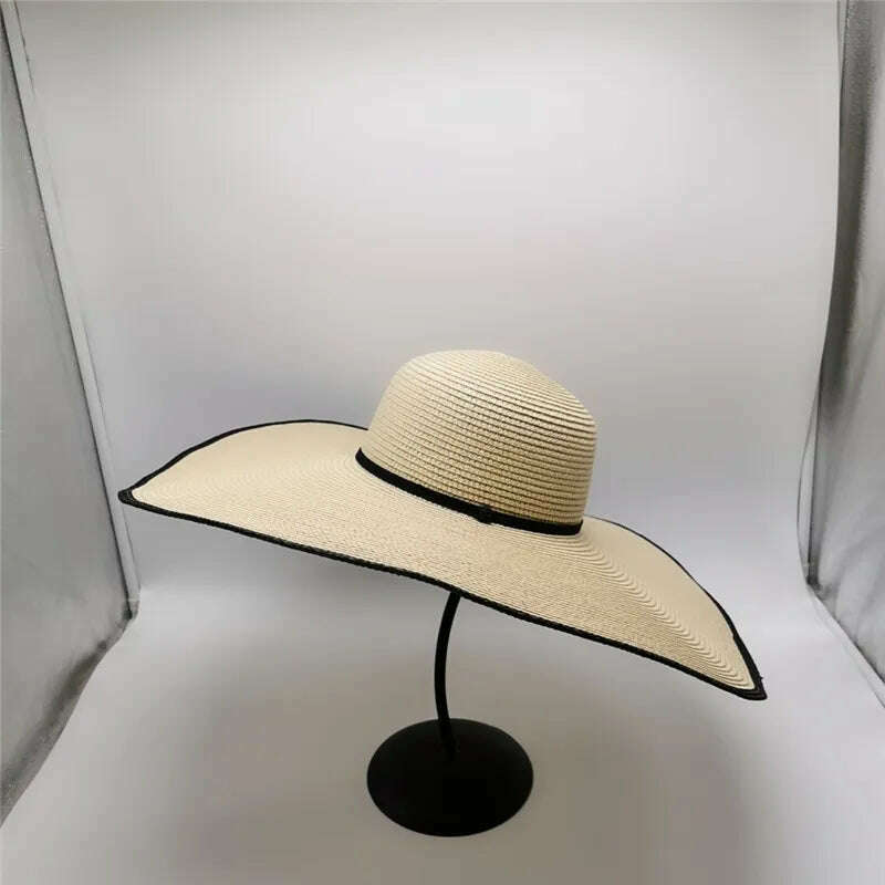 KIMLUD, Summer Ladies Stitching Large Edge 18cm Holiday Beach Hat Sun Hats Hand-woven Straw Hat Supports Folding Wholesale, Beige / 56-58, KIMLUD Womens Clothes
