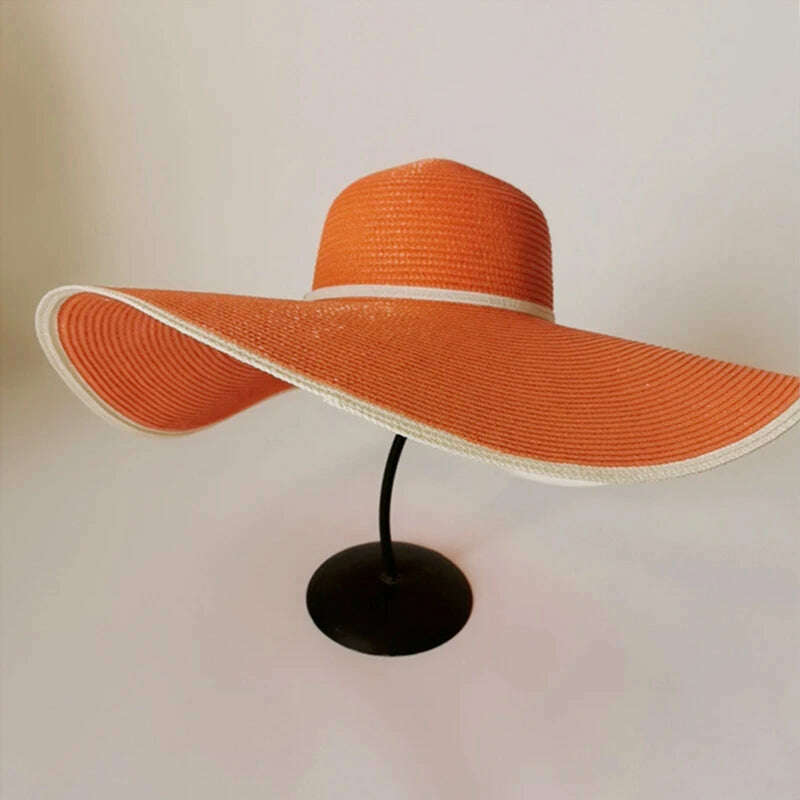 KIMLUD, Summer Ladies Stitching Large Edge 18cm Holiday Beach Hat Sun Hats Hand-woven Straw Hat Supports Folding Wholesale, Orange / 56-58, KIMLUD Womens Clothes