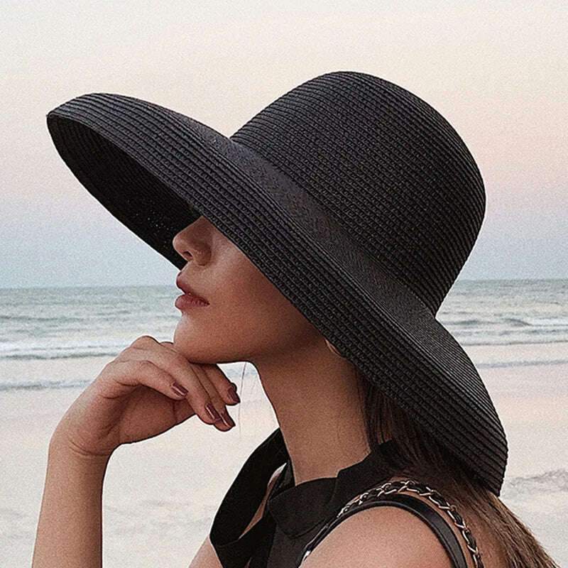 KIMLUD, Summer Lady Pleated Straw Hat Women  Hepburn Style Casual Sun Hat Large Brim Floppy Sun Hat Cap Holiday Beach Casquette Gorros, KIMLUD Womens Clothes