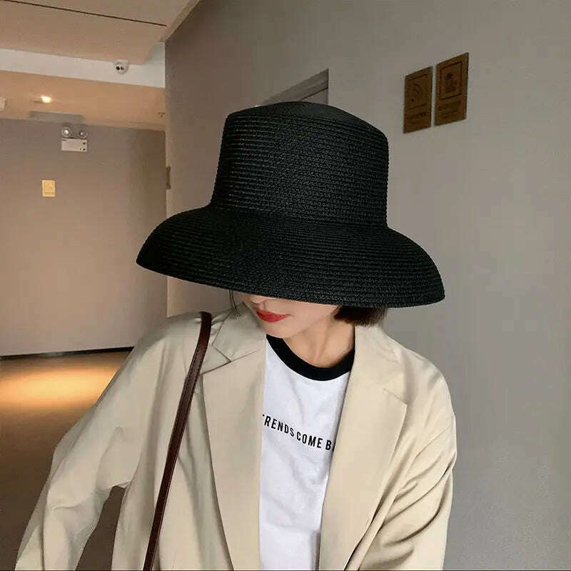 KIMLUD, Summer Lady Pleated Straw Hat Women  Hepburn Style Casual Sun Hat Large Brim Floppy Sun Hat Cap Holiday Beach Casquette Gorros, KIMLUD Womens Clothes