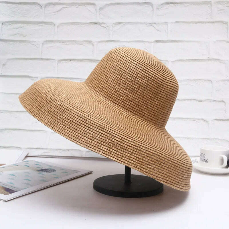 KIMLUD, Summer Lady Pleated Straw Hat Women  Hepburn Style Casual Sun Hat Large Brim Floppy Sun Hat Cap Holiday Beach Casquette Gorros, 11cm brim khaki / Adult(54-58cm), KIMLUD Womens Clothes