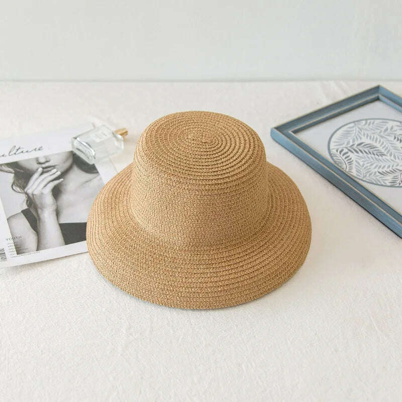 KIMLUD, Summer Lady Pleated Straw Hat Women  Hepburn Style Casual Sun Hat Large Brim Floppy Sun Hat Cap Holiday Beach Casquette Gorros, 8.5cm brim khaki / Adult(54-58cm), KIMLUD Womens Clothes