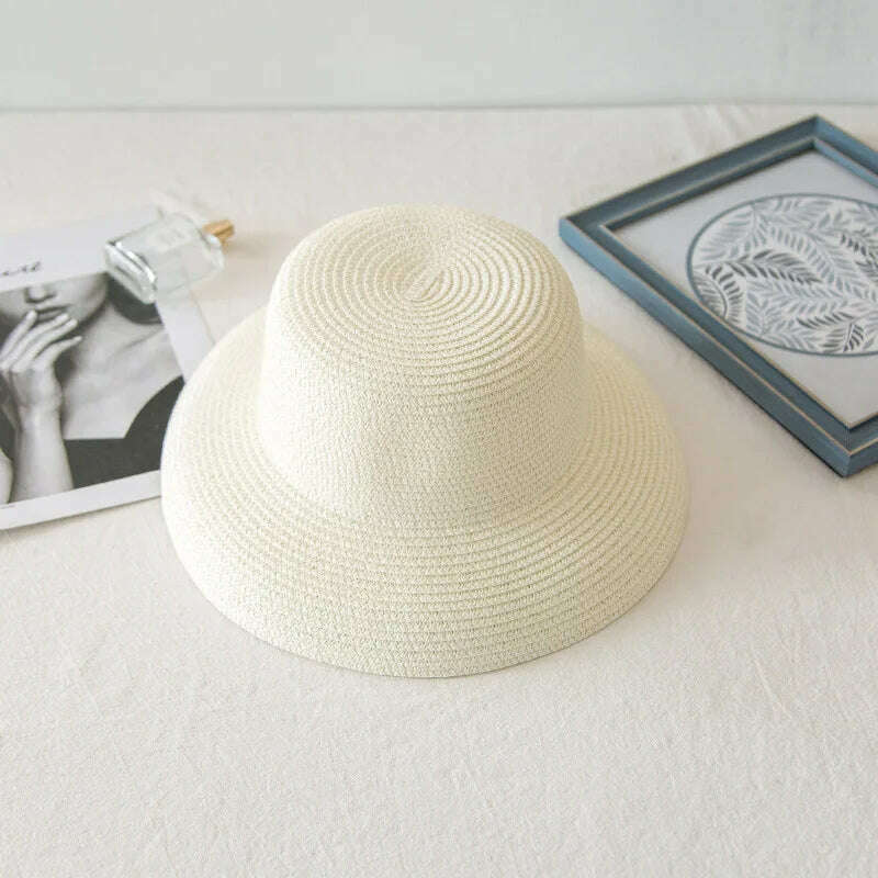 KIMLUD, Summer Lady Pleated Straw Hat Women  Hepburn Style Casual Sun Hat Large Brim Floppy Sun Hat Cap Holiday Beach Casquette Gorros, 8.5 brim milk white / Adult(54-58cm), KIMLUD Womens Clothes
