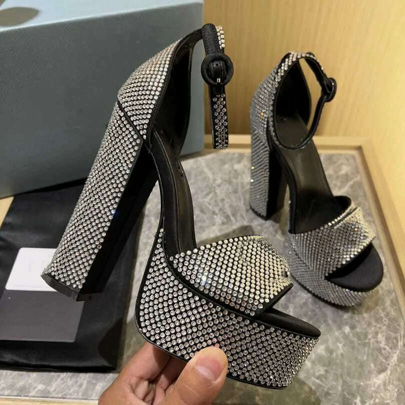 KIMLUD, Summer Leather Rhinestone Platform High Heels Round Toe Thick Heel Buckle Strap Sandals Fashion Wedding Luxury Women'S Shoes, Black / 35, KIMLUD APPAREL - Womens Clothes