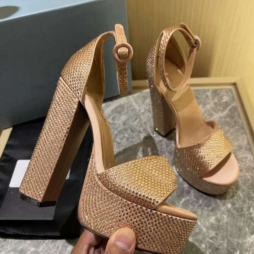 KIMLUD, Summer Leather Rhinestone Platform High Heels Round Toe Thick Heel Buckle Strap Sandals Fashion Wedding Luxury Women'S Shoes, apricot / 35, KIMLUD APPAREL - Womens Clothes