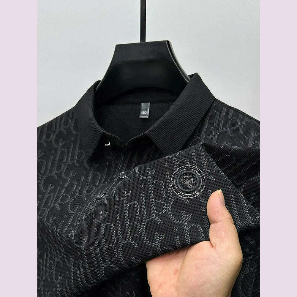 Summer New High-end Silk Short Sleeved Polo Shirt for Men's Luxurious Embossed Casual Fashion Comfortable Breathable Cool Top - KIMLUD