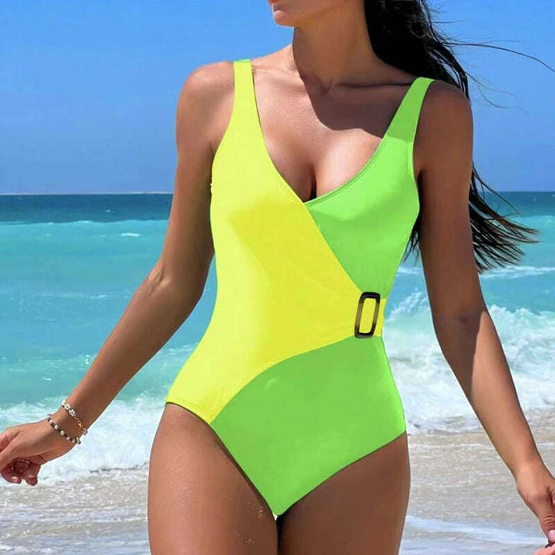 KIMLUD, Summer One Piece Swimsuit Sexy Women Push Up Patchwork Swimsuits Female Backless Bathing Suits Beachwear, Yellow / L, KIMLUD Womens Clothes
