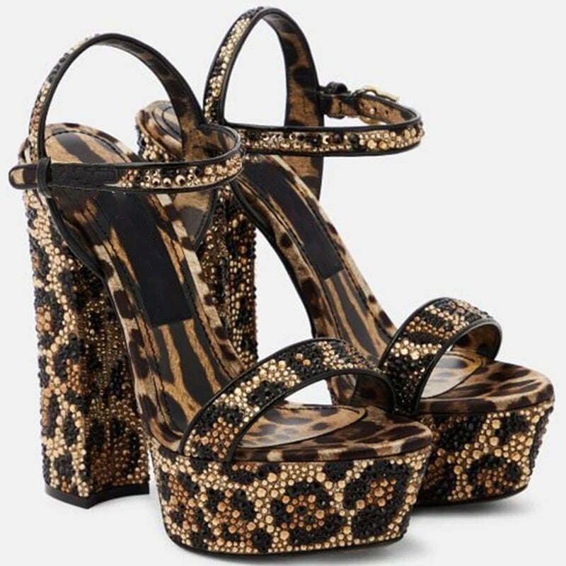 KIMLUD, Summer Open Toe Leopard Print High Heels Black Crystal-embellished Platform Sandals Round Toe Thick Heels Buckle Strap Shoes, 1 / 45, KIMLUD Womens Clothes