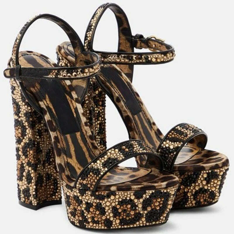 KIMLUD, Summer Open Toe Leopard Print High Heels Black Crystal-embellished Platform Sandals Round Toe Thick Heels Buckle Strap Shoes, 1 / 45, KIMLUD APPAREL - Womens Clothes