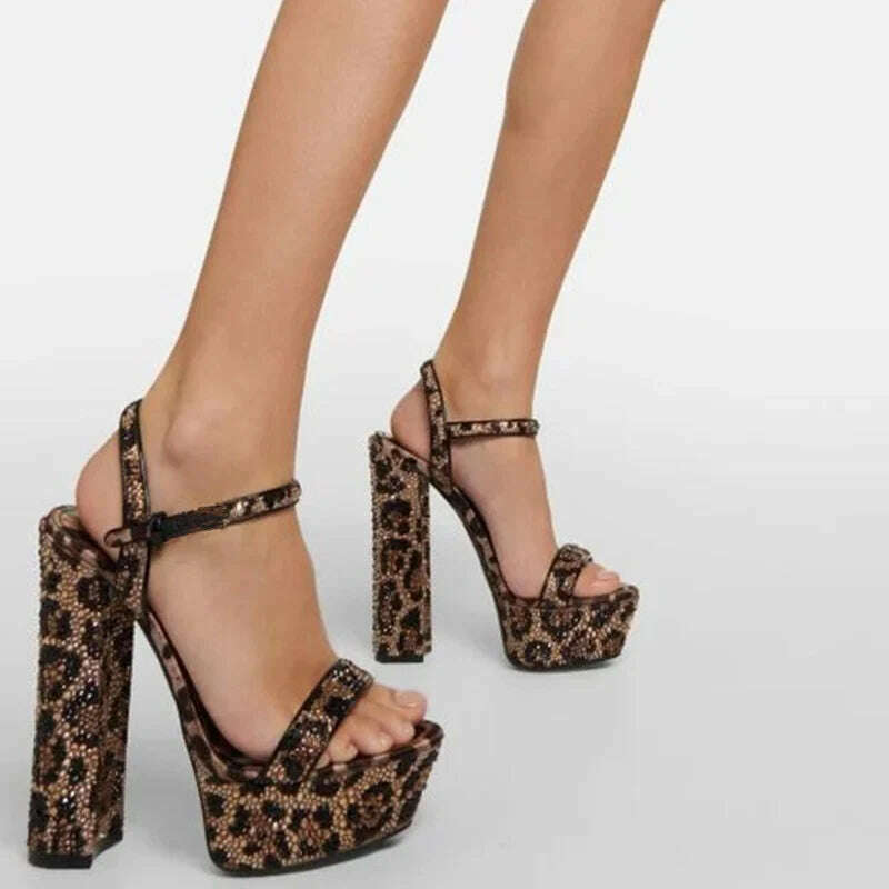 KIMLUD, Summer Open Toe Leopard Print High Heels Black Crystal-embellished Platform Sandals Round Toe Thick Heels Buckle Strap Shoes, KIMLUD Womens Clothes
