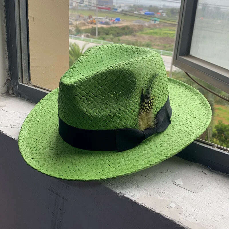 Summer Panama Hats for Women Men Wide Brim Paper Straw Hats Feather Band Fedora Sun Hat Beach Vocation Derby Hat - KIMLUD