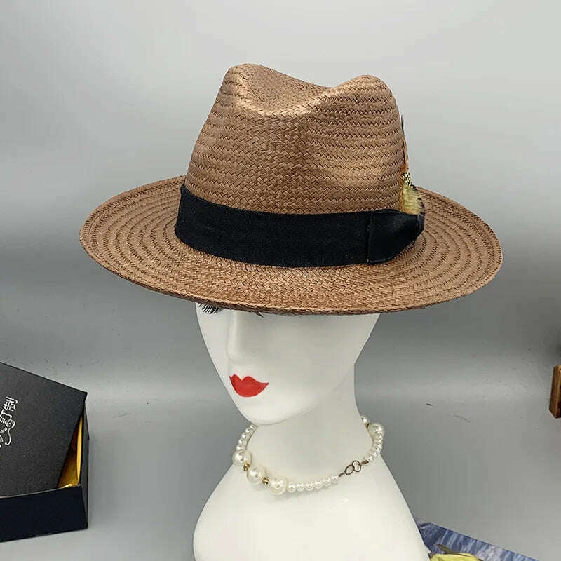 KIMLUD, Summer Panama Hats for Women Men Wide Brim Paper Straw Hats Feather Band Fedora Sun Hat Beach Vocation Derby Hat, KIMLUD Womens Clothes