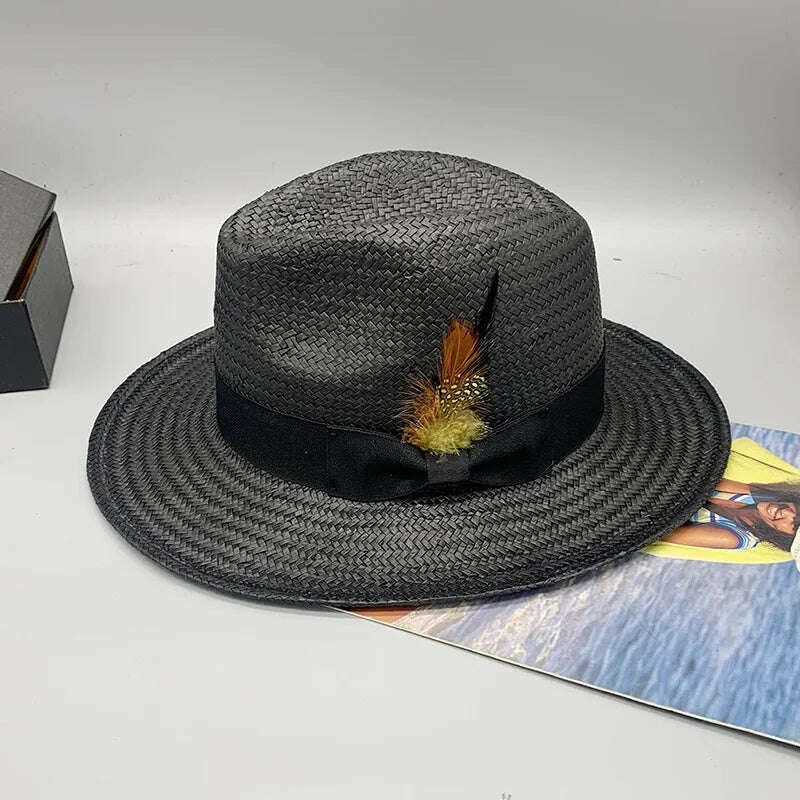 KIMLUD, Summer Panama Hats for Women Men Wide Brim Paper Straw Hats Feather Band Fedora Sun Hat Beach Vocation Derby Hat, Black, KIMLUD Womens Clothes