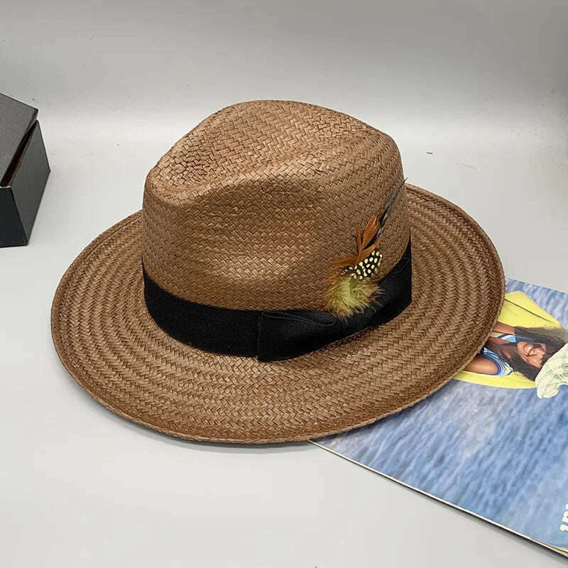 KIMLUD, Summer Panama Hats for Women Men Wide Brim Paper Straw Hats Feather Band Fedora Sun Hat Beach Vocation Derby Hat, Khaki, KIMLUD Womens Clothes