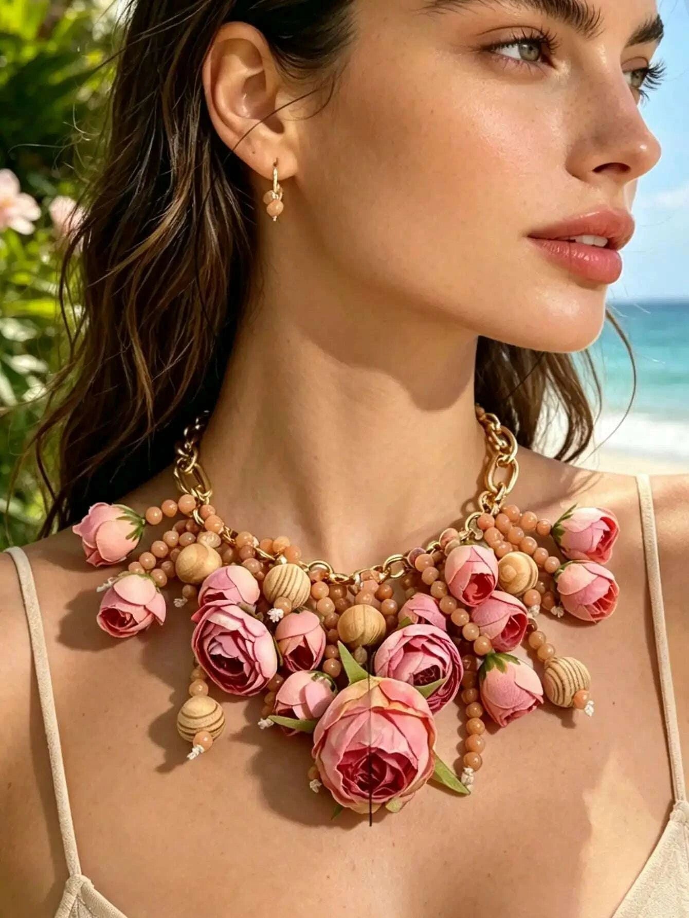 Summer Pink Floral Statement Necklace Handmade Fabric Rose Wood Bead Gold Chain Beach Vacation Jewelry