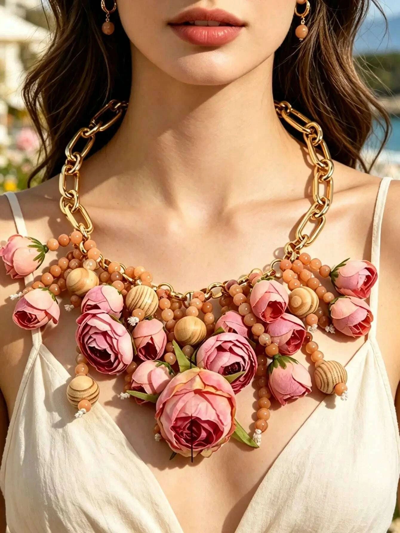 Summer Pink Floral Statement Necklace Handmade Fabric Rose Wood Bead Gold Chain Beach Vacation Jewelry
