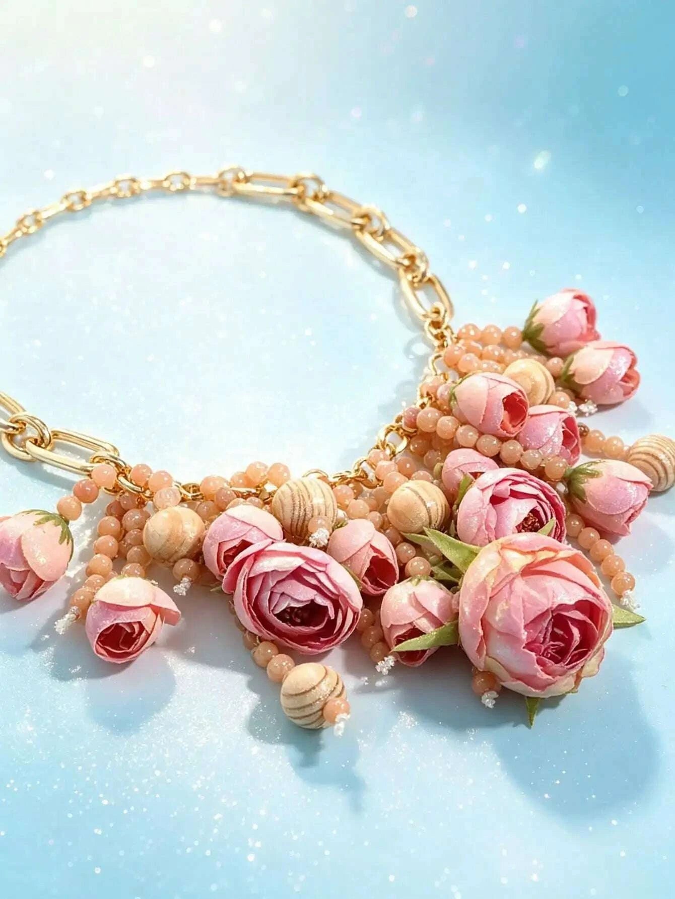 Summer Pink Floral Statement Necklace Handmade Fabric Rose Wood Bead Gold Chain Beach Vacation Jewelry