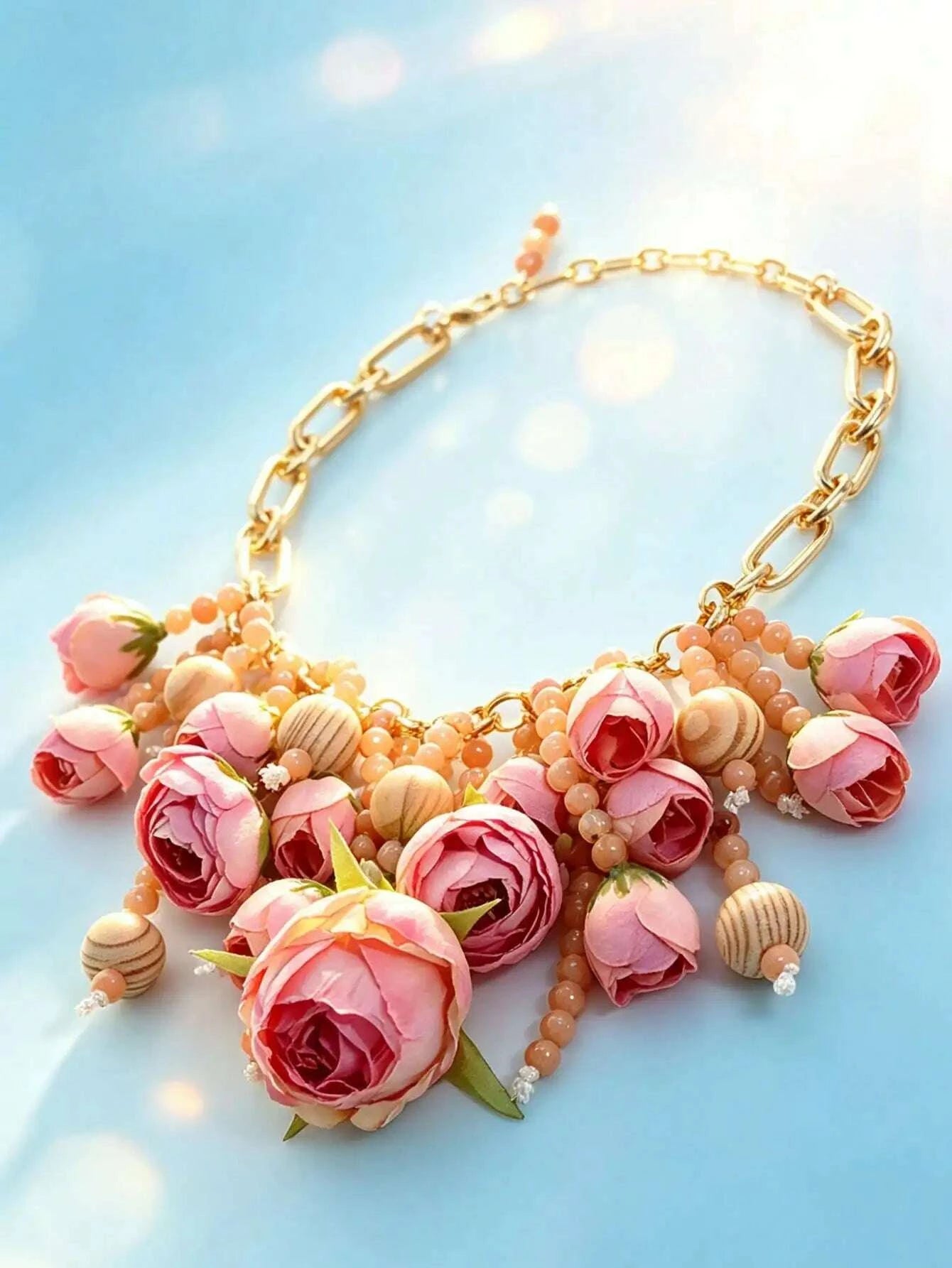 Summer Pink Floral Statement Necklace Handmade Fabric Rose Wood Bead Gold Chain Beach Vacation Jewelry