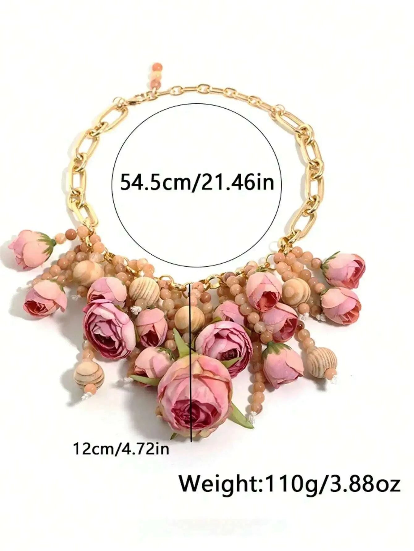 Summer Pink Floral Statement Necklace Handmade Fabric Rose Wood Bead Gold Chain Beach Vacation Jewelry