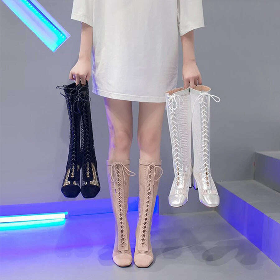 Summer Roman Lace Up Shoes Women Sandals Sexy Mesh Cut-Outs Pointed Toe High Heels Woman Black Kid Suede Ladies Long Short Boots - KIMLUD