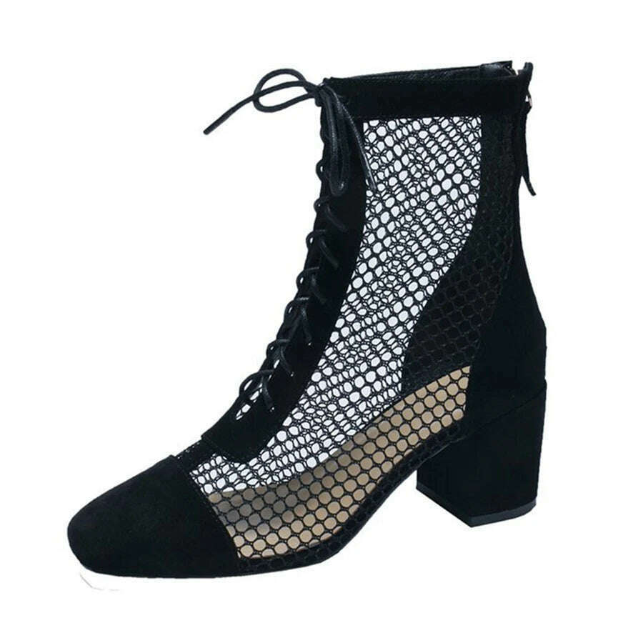 Summer Roman Lace Up Shoes Women Sandals Sexy Mesh Cut-Outs Pointed Toe High Heels Woman Black Kid Suede Ladies Long Short Boots - KIMLUD