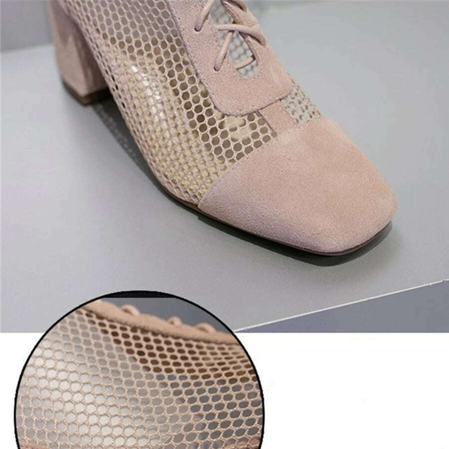 Summer Roman Lace Up Shoes Women Sandals Sexy Mesh Cut-Outs Pointed Toe High Heels Woman Black Kid Suede Ladies Long Short Boots - KIMLUD