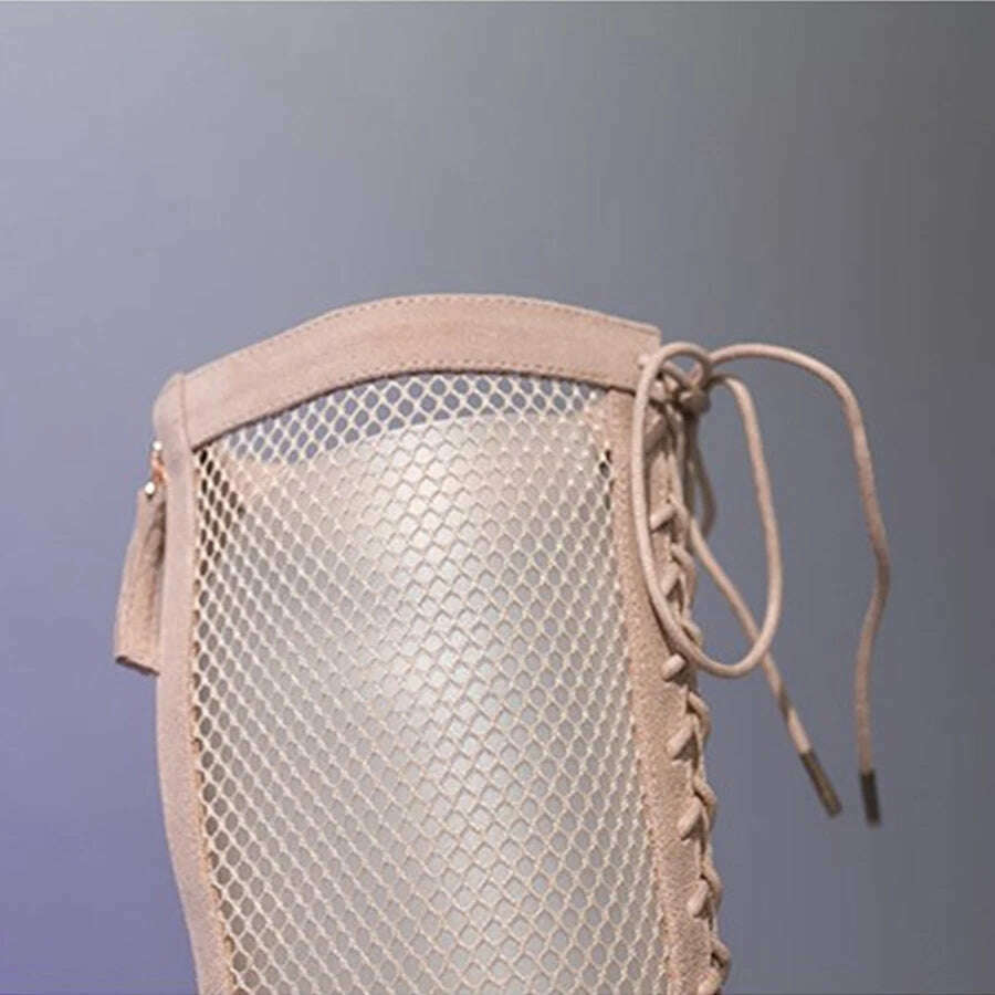 Summer Roman Lace Up Shoes Women Sandals Sexy Mesh Cut-Outs Pointed Toe High Heels Woman Black Kid Suede Ladies Long Short Boots - KIMLUD