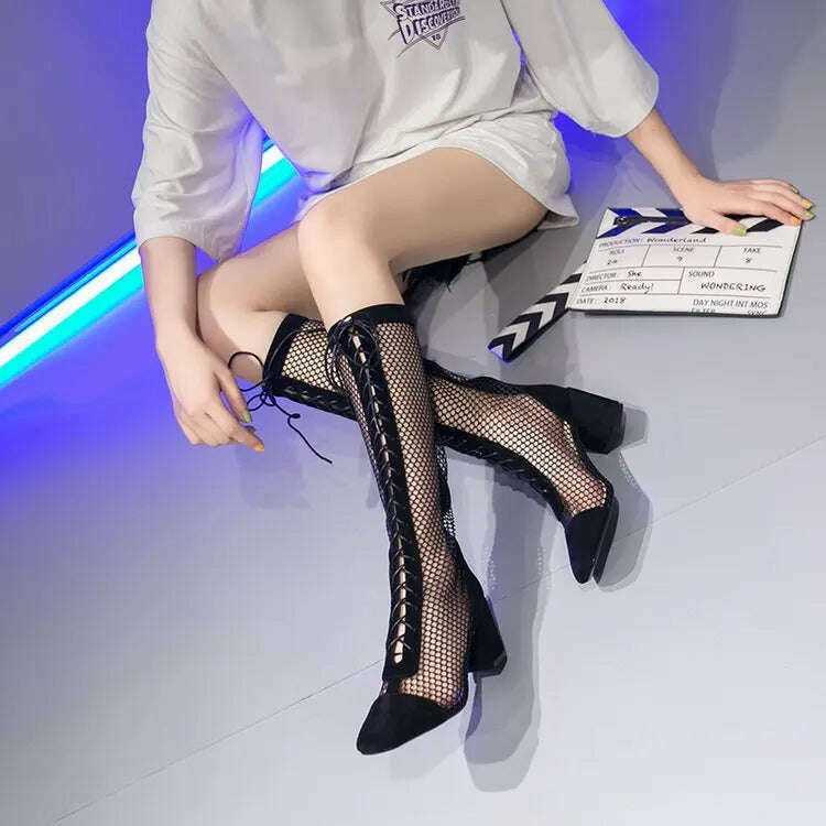Summer Roman Lace Up Shoes Women Sandals Sexy Mesh Cut-Outs Pointed Toe High Heels Woman Black Kid Suede Ladies Long Short Boots - KIMLUD