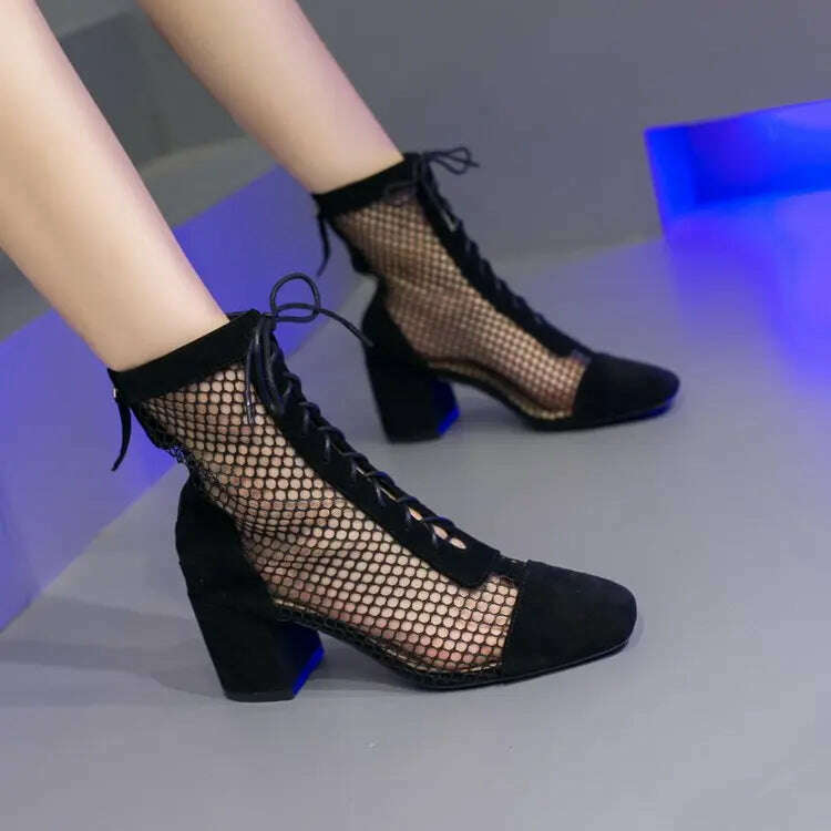Summer Roman Lace Up Shoes Women Sandals Sexy Mesh Cut-Outs Pointed Toe High Heels Woman Black Kid Suede Ladies Long Short Boots - KIMLUD