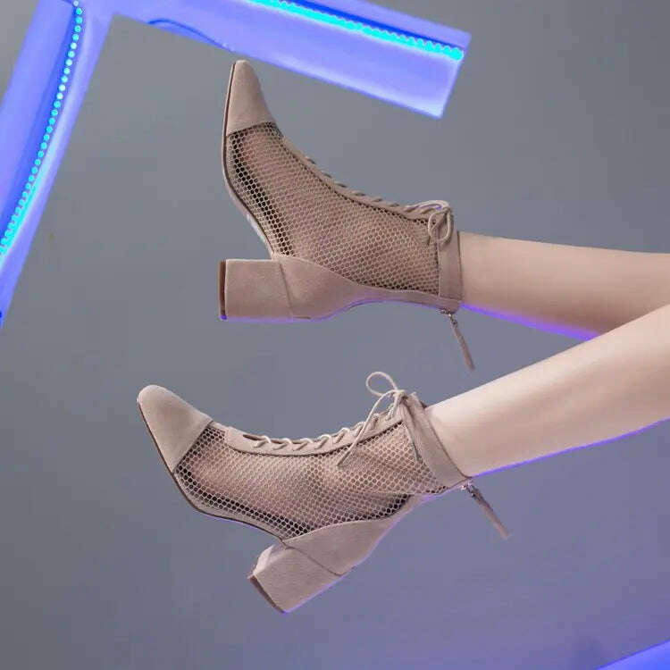 Summer Roman Lace Up Shoes Women Sandals Sexy Mesh Cut-Outs Pointed Toe High Heels Woman Black Kid Suede Ladies Long Short Boots - KIMLUD
