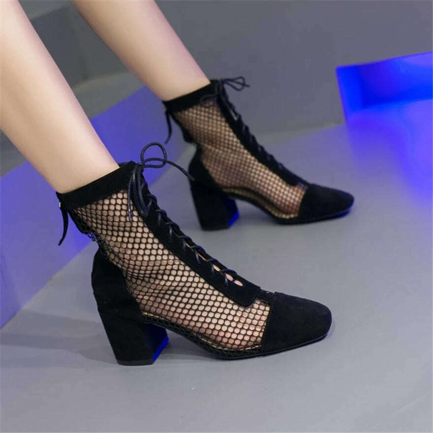 Summer Roman Lace Up Shoes Women Sandals Sexy Mesh Cut-Outs Pointed Toe High Heels Woman Black Kid Suede Ladies Long Short Boots - KIMLUD