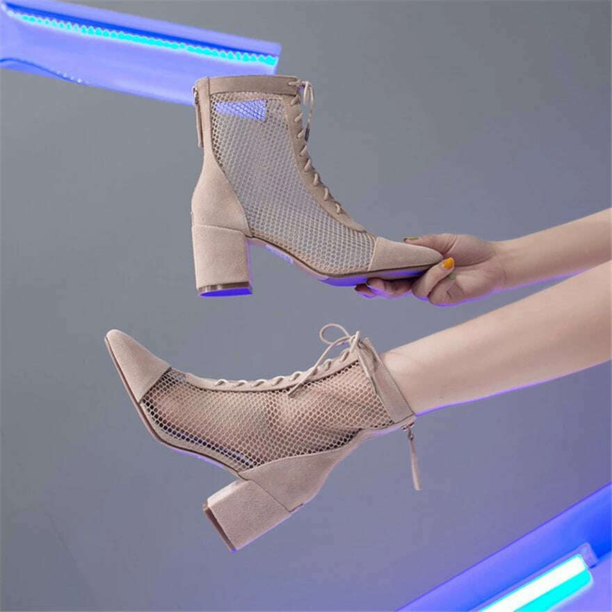 Summer Roman Lace Up Shoes Women Sandals Sexy Mesh Cut-Outs Pointed Toe High Heels Woman Black Kid Suede Ladies Long Short Boots - KIMLUD