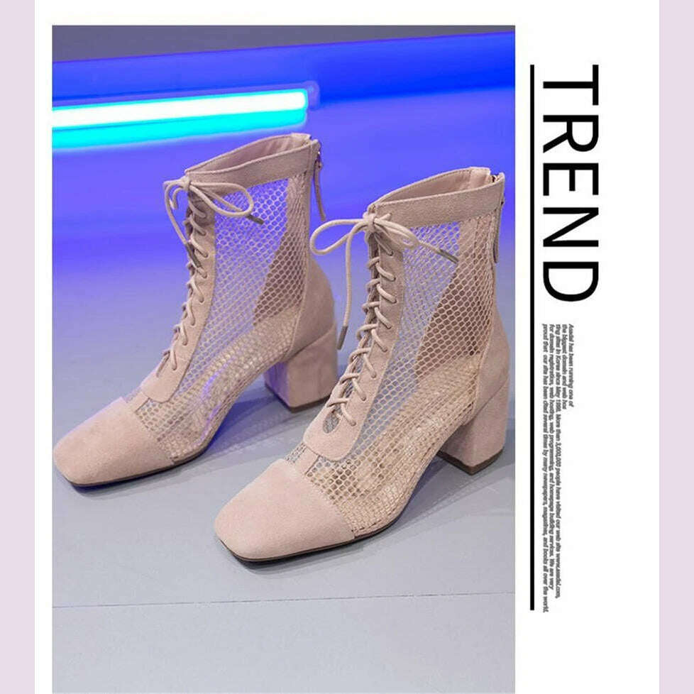 Summer Roman Lace Up Shoes Women Sandals Sexy Mesh Cut-Outs Pointed Toe High Heels Woman Black Kid Suede Ladies Long Short Boots - KIMLUD
