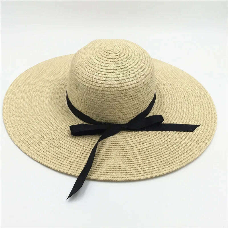 KIMLUD, Summer Simple Floppy Sun Hat Women Wide Brim Beach Hat Girls Seaside Travel Foldable Straw Hat Sunscreen UV Protection Lady Cap, Ribbon beige / Brim 11cm, KIMLUD Womens Clothes