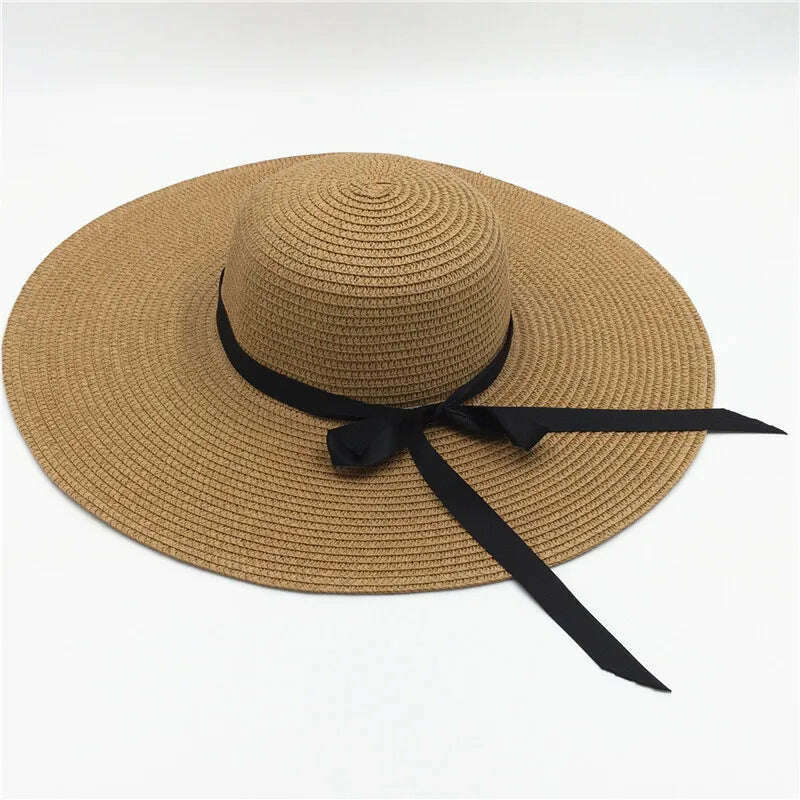 KIMLUD, Summer Simple Floppy Sun Hat Women Wide Brim Beach Hat Girls Seaside Travel Foldable Straw Hat Sunscreen UV Protection Lady Cap, Ribbon khaki / Brim 14cm, KIMLUD Womens Clothes