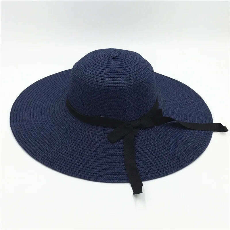 KIMLUD, Summer Simple Floppy Sun Hat Women Wide Brim Beach Hat Girls Seaside Travel Foldable Straw Hat Sunscreen UV Protection Lady Cap, Ribbon Navy blue / Brim 11cm, KIMLUD Womens Clothes