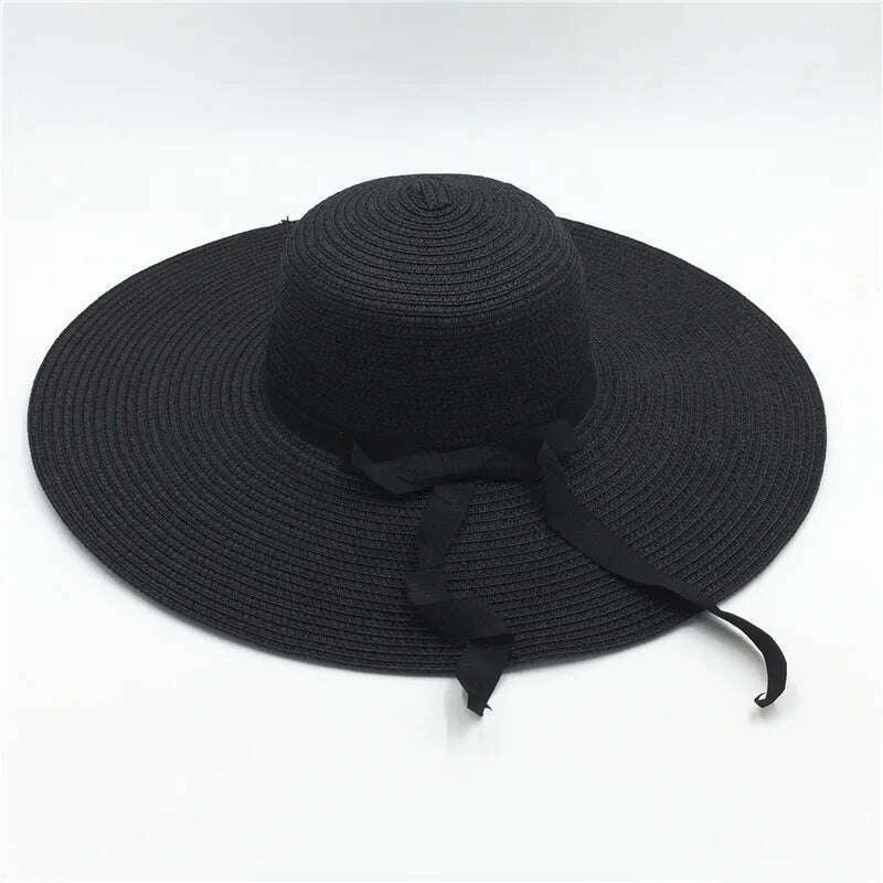 KIMLUD, Summer Simple Floppy Sun Hat Women Wide Brim Beach Hat Girls Seaside Travel Foldable Straw Hat Sunscreen UV Protection Lady Cap, Ribbon black / Brim 14cm, KIMLUD Womens Clothes