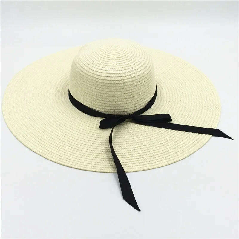 KIMLUD, Summer Simple Floppy Sun Hat Women Wide Brim Beach Hat Girls Seaside Travel Foldable Straw Hat Sunscreen UV Protection Lady Cap, Ribbon milk white / Brim 14cm, KIMLUD Womens Clothes