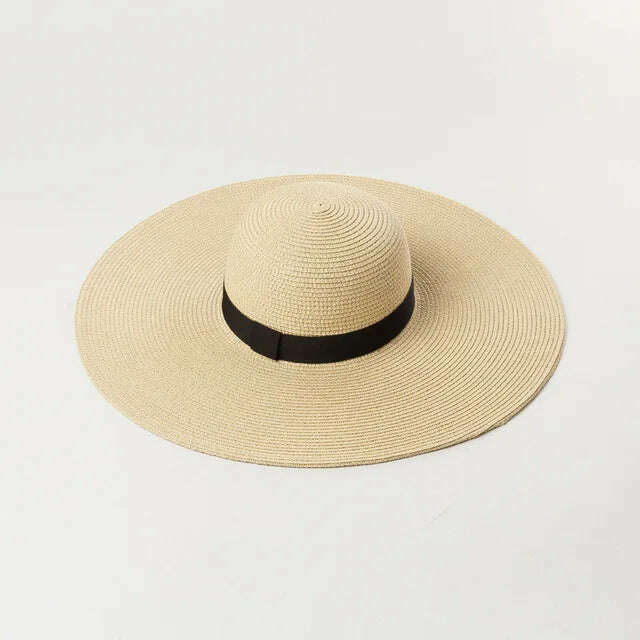 KIMLUD, Summer Simple Floppy Sun Hat Women Wide Brim Beach Hat Girls Seaside Travel Foldable Straw Hat Sunscreen UV Protection Lady Cap, Webbing beige / Brim 14cm, KIMLUD Womens Clothes