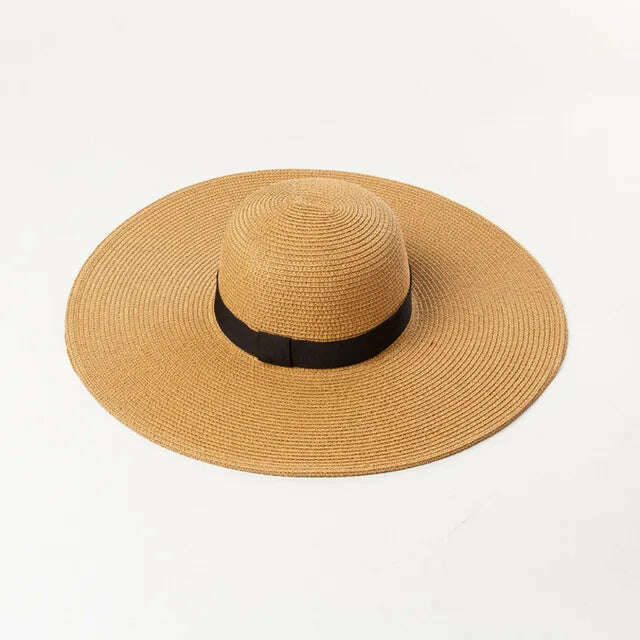 KIMLUD, Summer Simple Floppy Sun Hat Women Wide Brim Beach Hat Girls Seaside Travel Foldable Straw Hat Sunscreen UV Protection Lady Cap, Webbing khaki / Brim 11cm, KIMLUD Womens Clothes