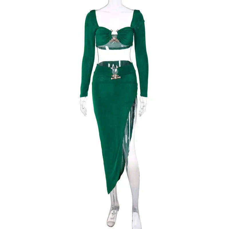 Summer Strapless Slim Dresses Set For Women Sexy Metal Chain Backless Bodycon Dress Side Split Ladies Party Night Long Dress New - KIMLUD