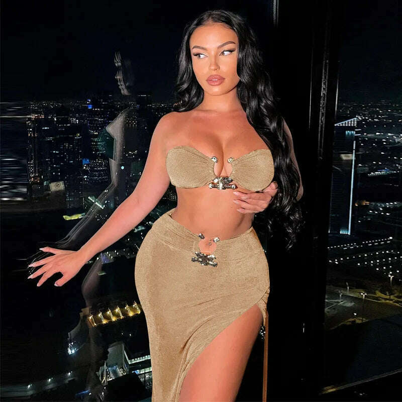 Summer Strapless Slim Dresses Set For Women Sexy Metal Chain Backless Bodycon Dress Side Split Ladies Party Night Long Dress New - KIMLUD