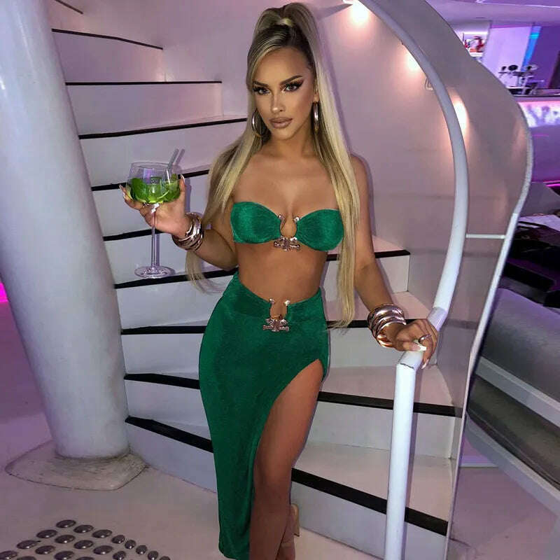 Summer Strapless Slim Dresses Set For Women Sexy Metal Chain Backless Bodycon Dress Side Split Ladies Party Night Long Dress New - KIMLUD