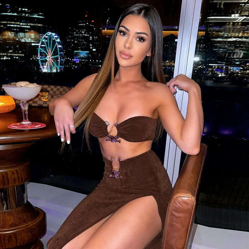 Summer Strapless Slim Dresses Set For Women Sexy Metal Chain Backless Bodycon Dress Side Split Ladies Party Night Long Dress New - KIMLUD