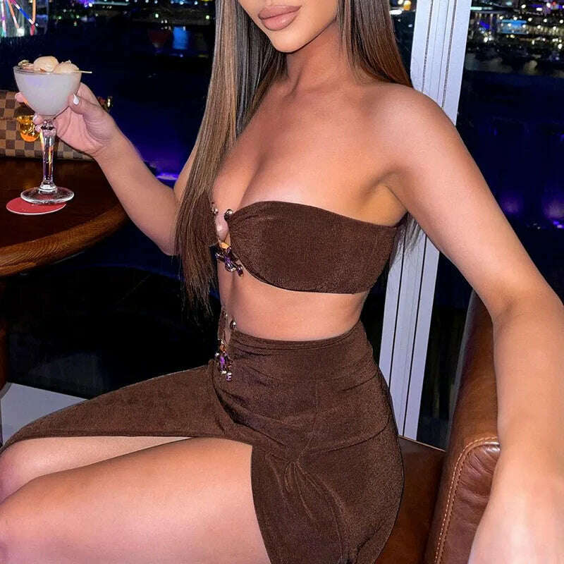 Summer Strapless Slim Dresses Set For Women Sexy Metal Chain Backless Bodycon Dress Side Split Ladies Party Night Long Dress New - KIMLUD