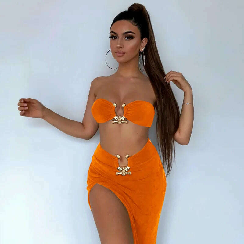 Summer Strapless Slim Dresses Set For Women Sexy Metal Chain Backless Bodycon Dress Side Split Ladies Party Night Long Dress New - KIMLUD