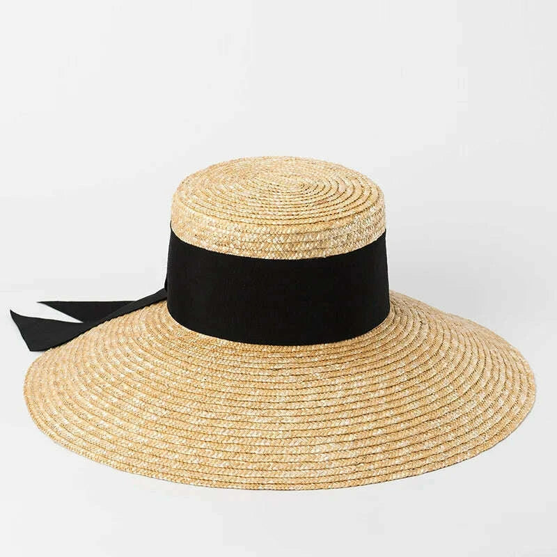 Summer straw hat French elegant seaside travel sun hat bow ribbon flat top large brim straw hat  hats for women